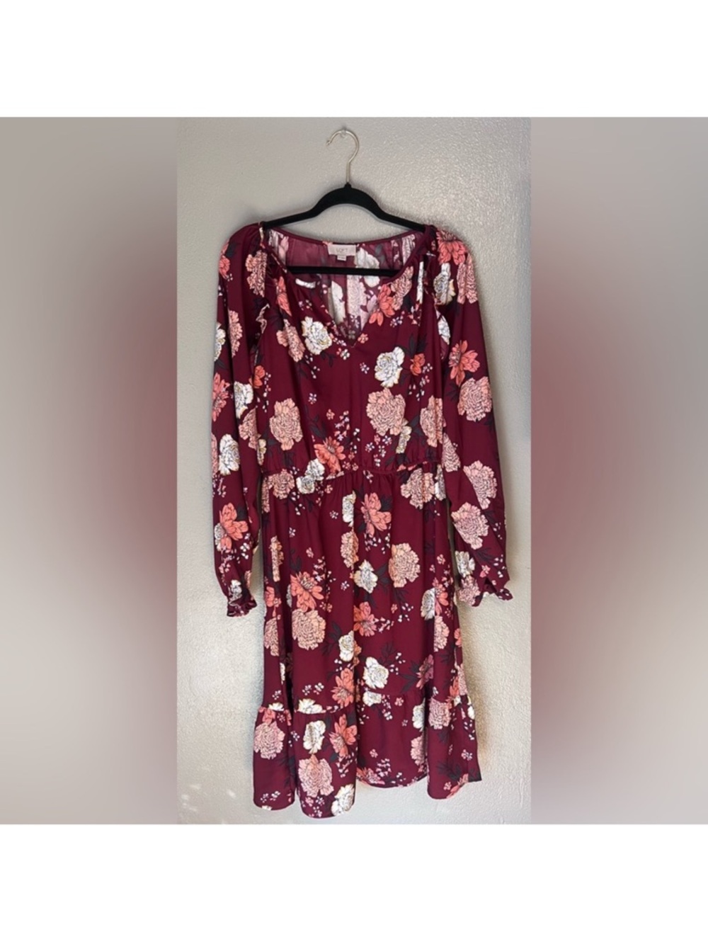 LOFT Wine Floral Long-Sleeve Dress Size 8
